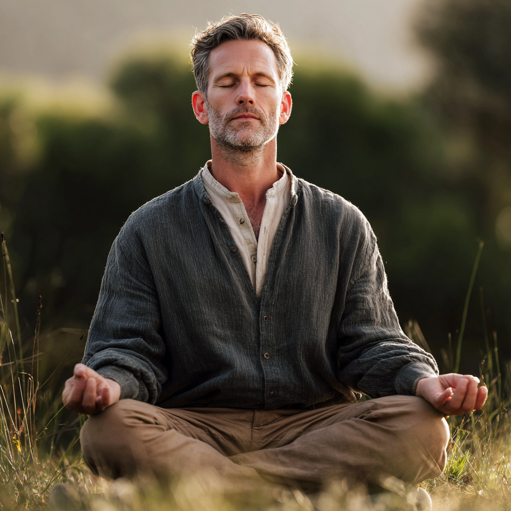 Smiling European woman in her 30s practicing yoga outdoors in a peaceful garden setting, wearing comfortable yoga attire, photographed in natural lighting with a serene expression