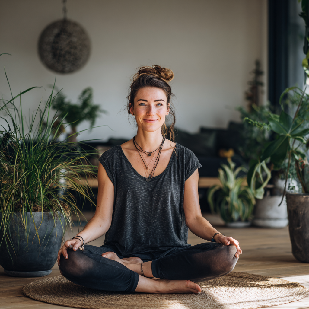 Peaceful European woman in her 50s meditating in lotus position with eyes closed and serene smile, wearing white clothing in a minimalist studio with soft natural lighting