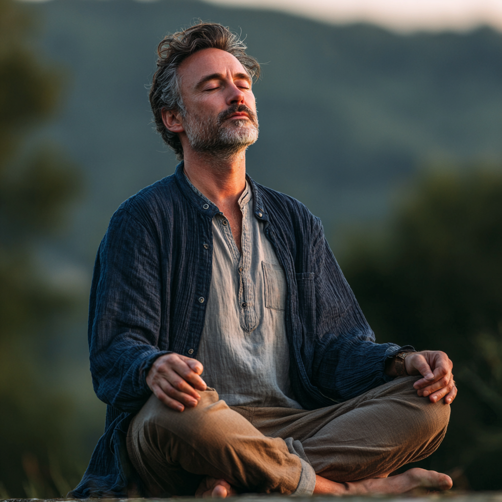 Calm European man in his 40s performing breathing exercises with eyes closed, sitting cross-legged in meditation pose, wearing comfortable clothing in a serene natural setting